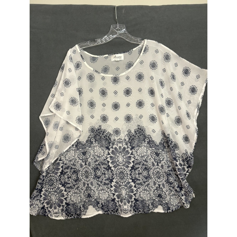 Arianna by Howards Blue White Floral Sheer Chiffon Top Cottagecore Boho OS